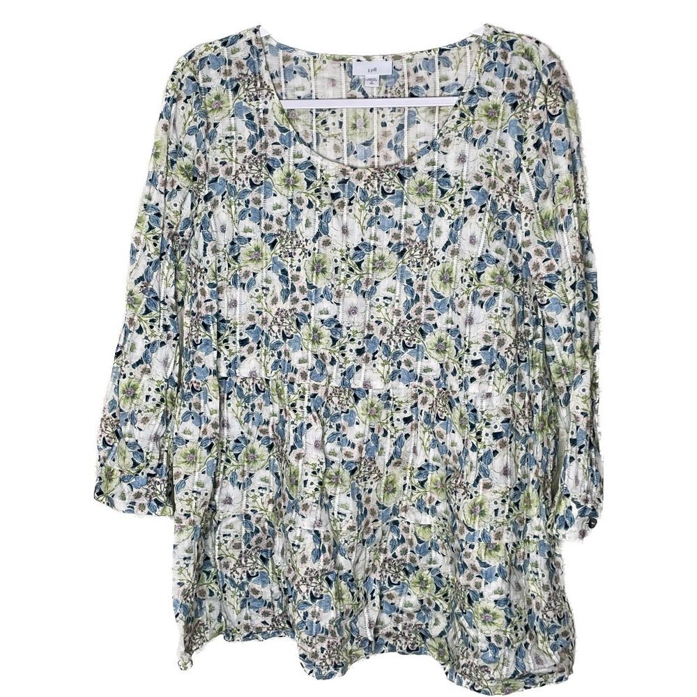 J Jill Green Blue Floral Blouse Size M Tall
